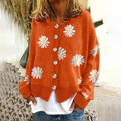 Women’s Knit Cardigan – Oversized Fit – Daisy Print – Button Down – Ribbed Trim