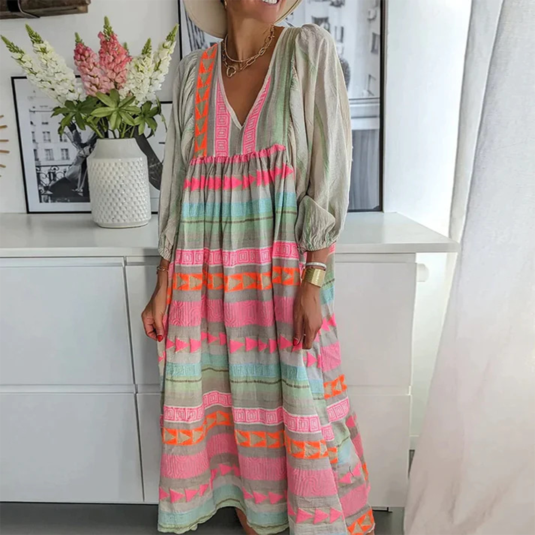 Tessa - Vintage V-Neck Puff Sleeve Long Sundress
