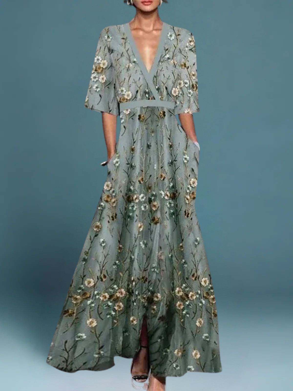 Lory - Elegant Floral V-Neck Belted Boho Dress