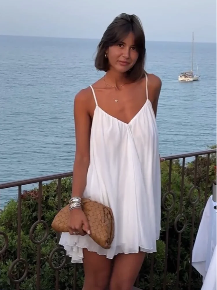 Trisha - Pleated V-neck Mini Beach Dress