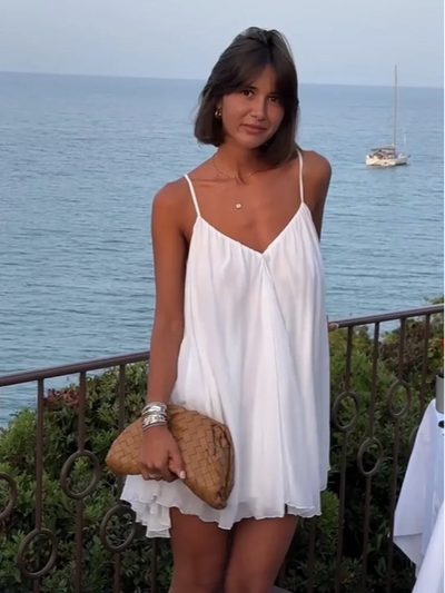 Trisha - Pleated V-neck Mini Beach Dress