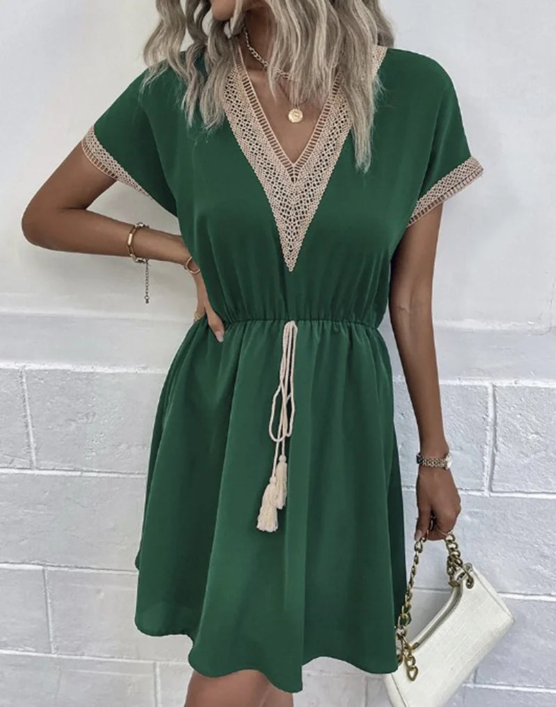 Carmen - Chic V-Neck Boho Dress with Flattering Waist Tie