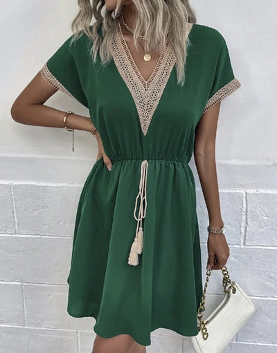 Carmen - Chic V-Neck Boho Dress with Flattering Waist Tie