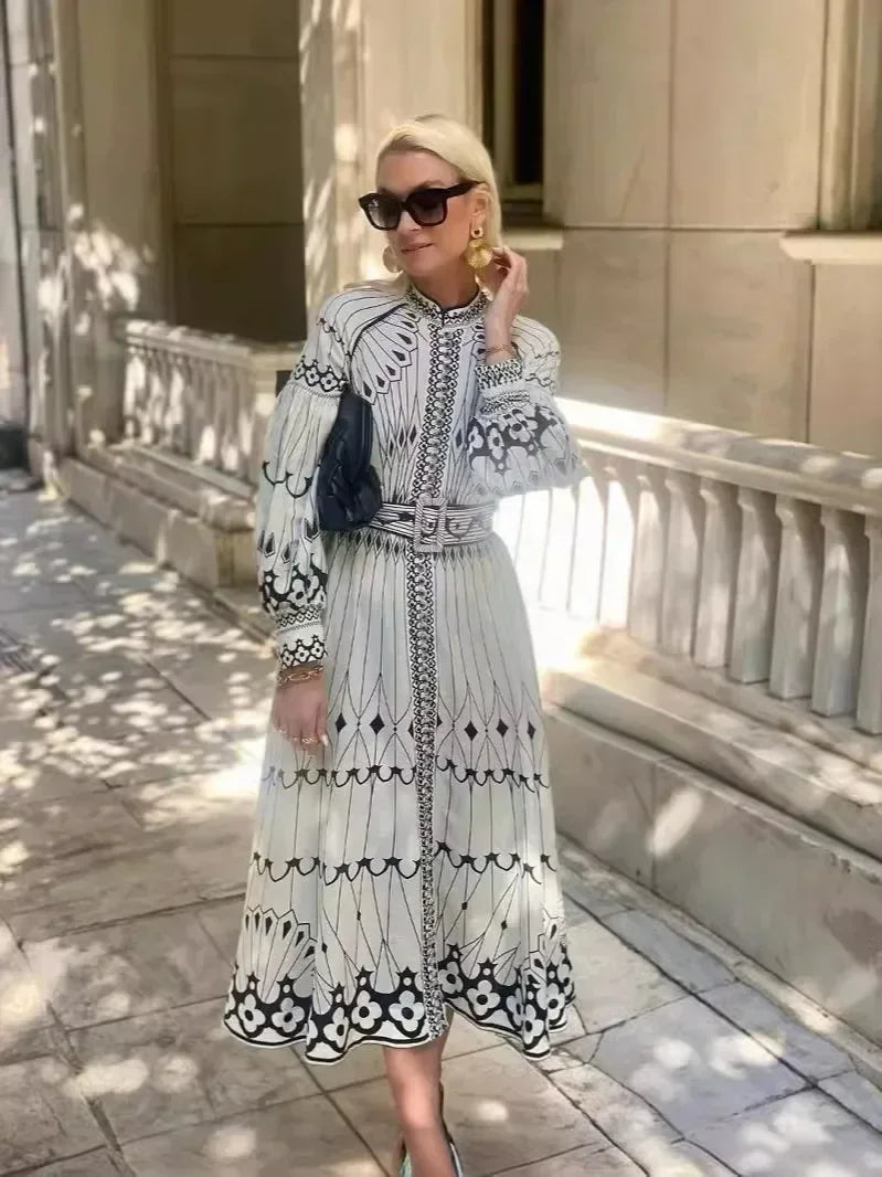Kathleen - Elegant Retro Pattern Print A-Line Dress