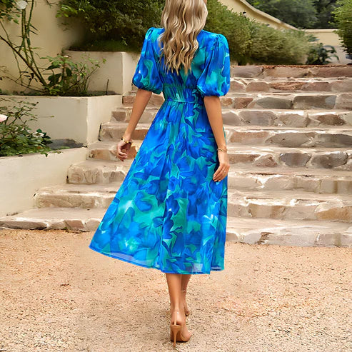 Cassidy - Vintage Glam Lantern Sleeve Midi Dress