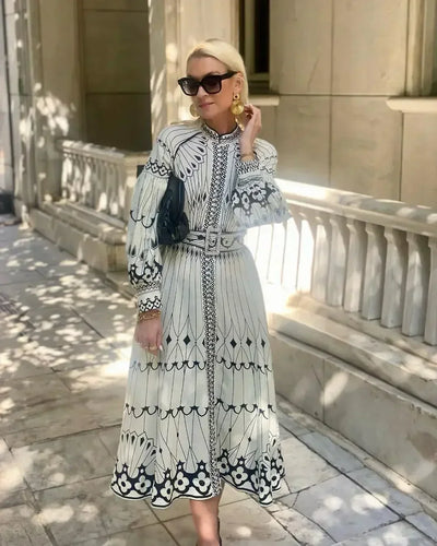 Kathleen - Elegant Retro Pattern Print A-Line Dress