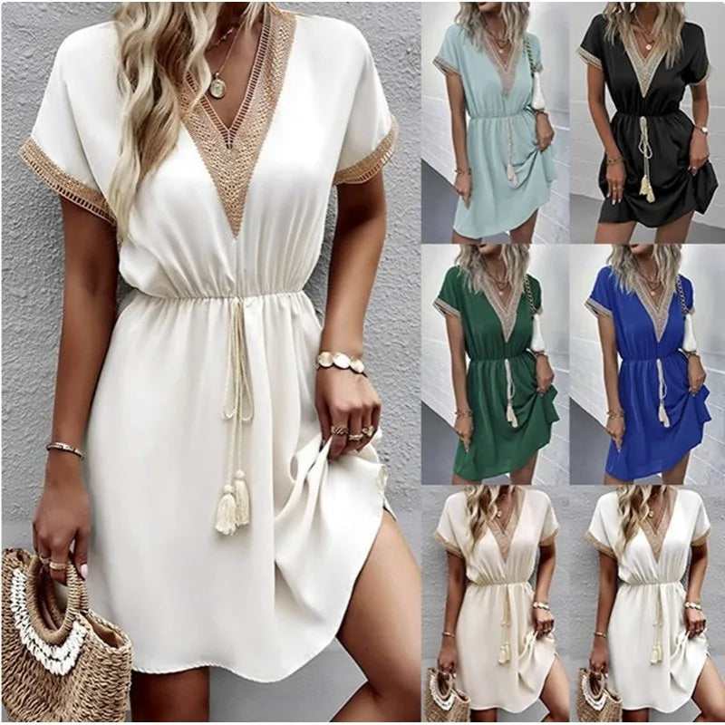 Carmen - Chic V-Neck Boho Dress with Flattering Waist Tie