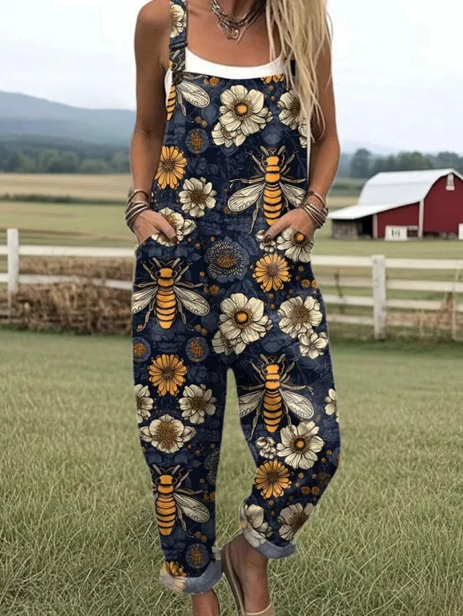 Beth - Women's artistic bee and floral print jumpsuit