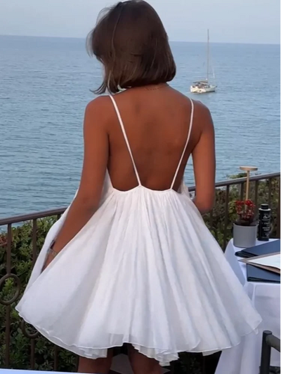 Trisha - Pleated V-neck Mini Beach Dress