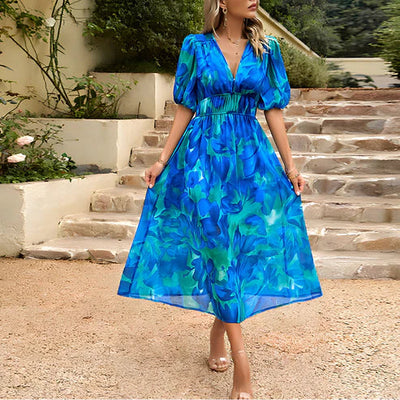 Cassidy - Vintage Glam Lantern Sleeve Midi Dress