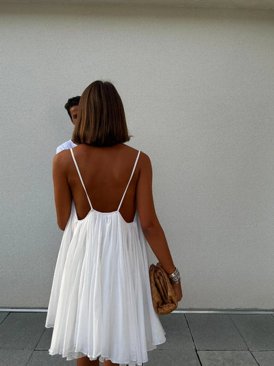 Trisha - Pleated V-neck Mini Beach Dress