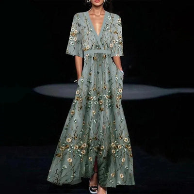 Annie - Belted V-Neck Floral Maxi Dress