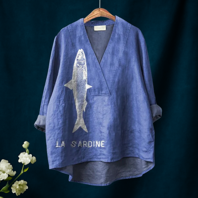 Sardine Fish Graphic Printed Women's Casual  V-neck Shirt