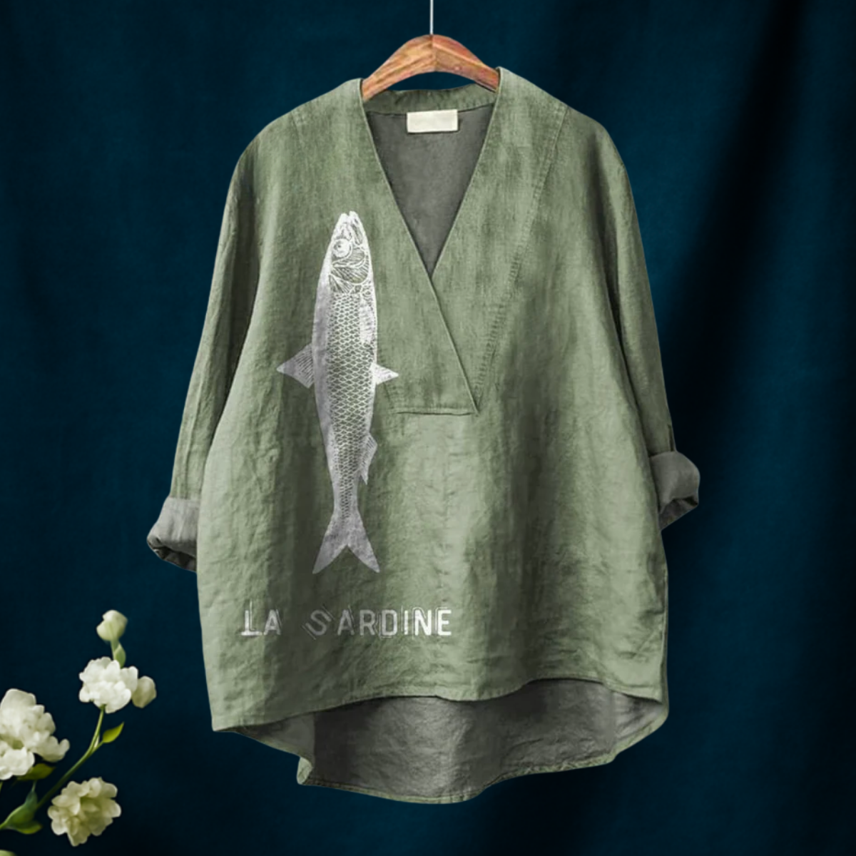 Sardine Fish Graphic Printed Women's Casual  V-neck Shirt