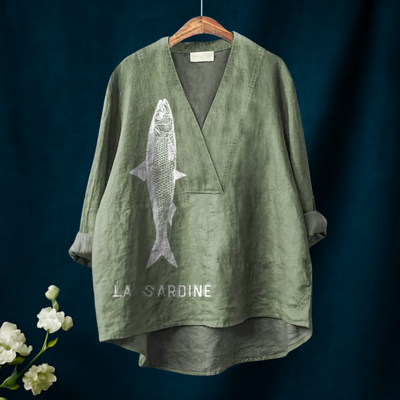 Sardine Fish Graphic Printed Women's Casual  V-neck Shirt