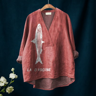 Sardine Fish Graphic Printed Women's Casual  V-neck Shirt