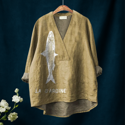 Sardine Fish Graphic Printed Women's Casual  V-neck Shirt