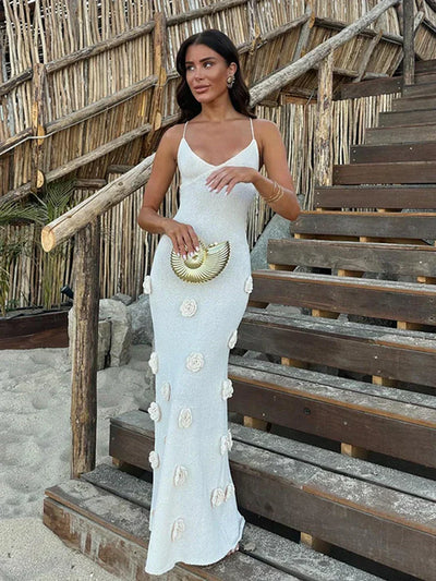 Mireille - Deep-V Neck Flower Knitted Bodycon Dress