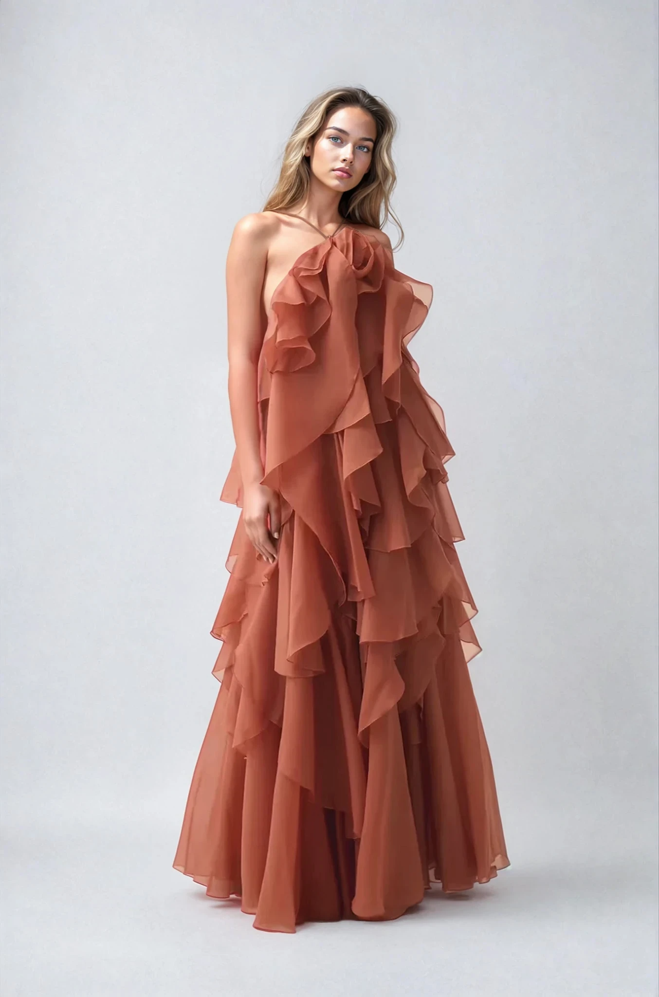 Pearl - Long Halter Ruffle Cocktail Dress