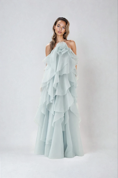 Pearl - Long Halter Ruffle Cocktail Dress