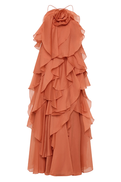 Pearl - Long Halter Ruffle Cocktail Dress