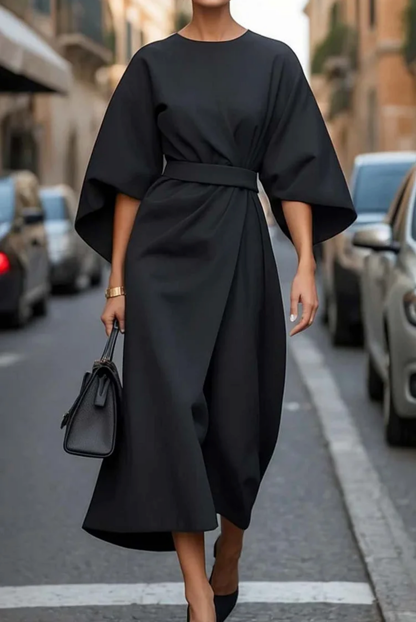 Sonia - Elegant Dress with Lantern Sleeves and Belt