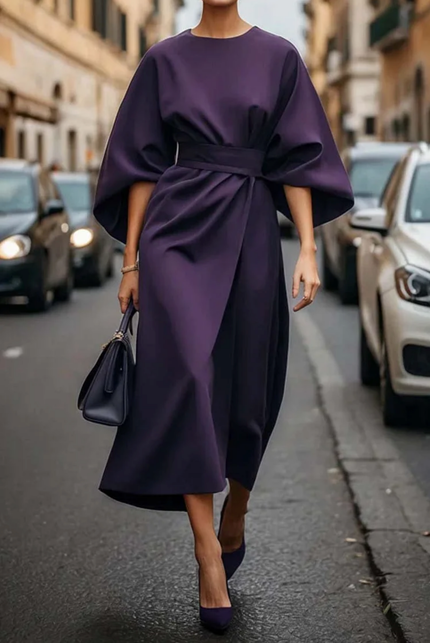 Sonia - Elegant Dress with Lantern Sleeves and Belt