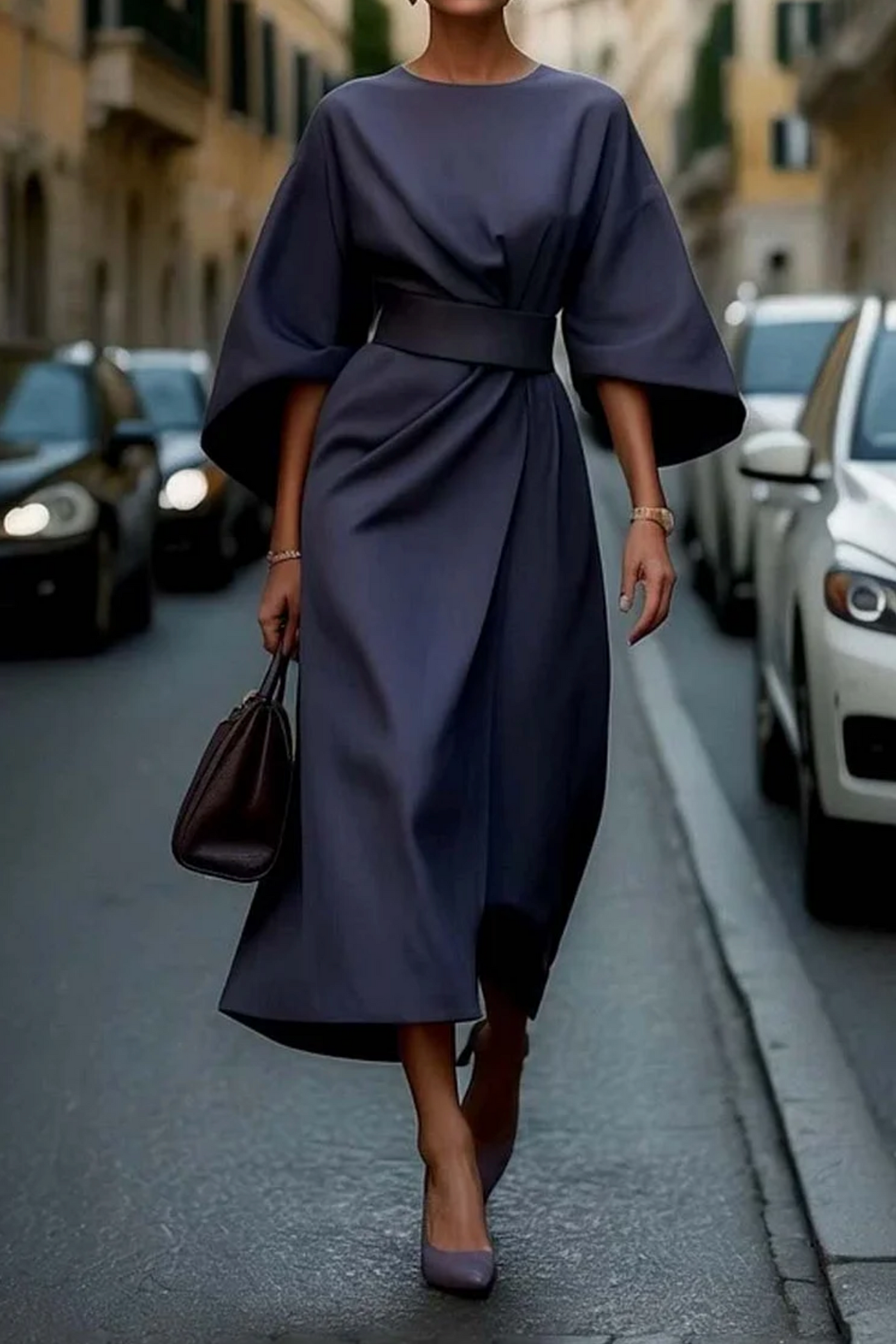 Sonia - Elegant Dress with Lantern Sleeves and Belt