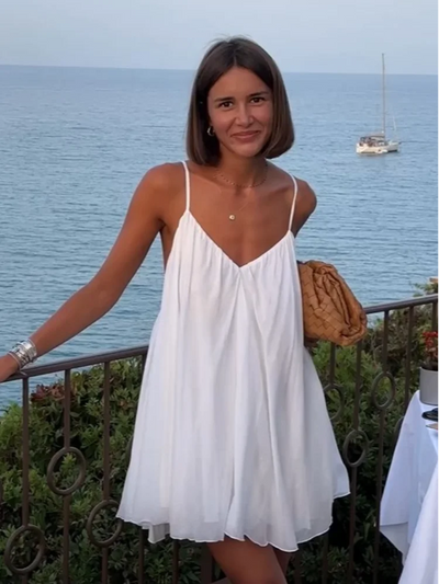 Trisha - Pleated V-neck Mini Beach Dress