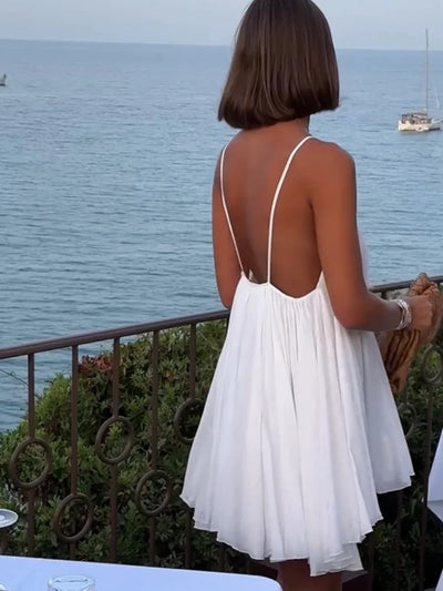 Trisha - Pleated V-neck Mini Beach Dress