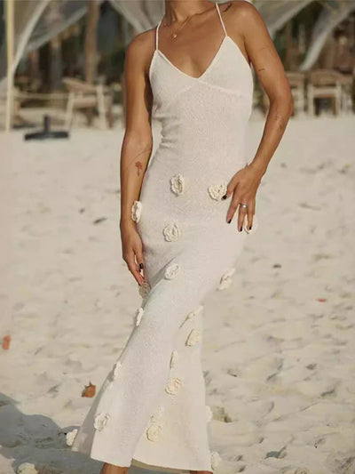 Mireille - Deep-V Neck Flower Knitted Bodycon Dress