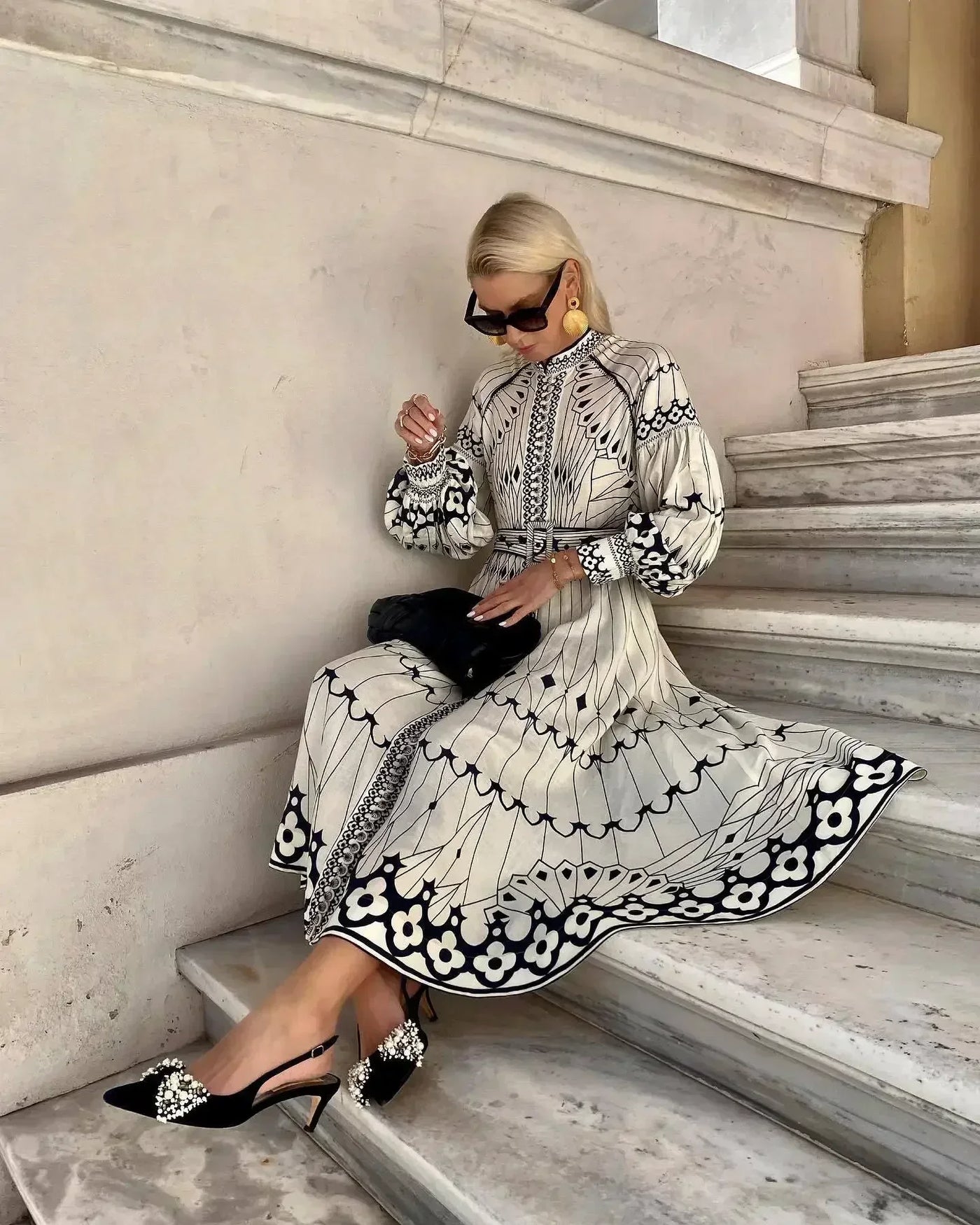 Kathleen - Elegant Retro Pattern Print A-Line Dress
