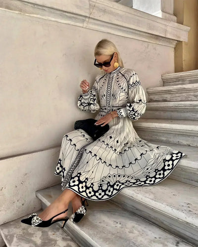 Kathleen - Elegant Retro Pattern Print A-Line Dress