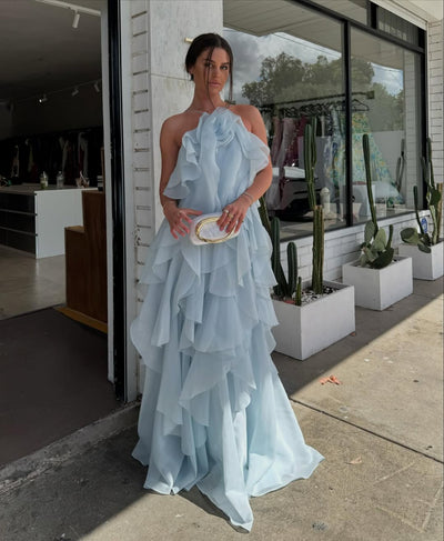 Pearl - Long Halter Ruffle Cocktail Dress