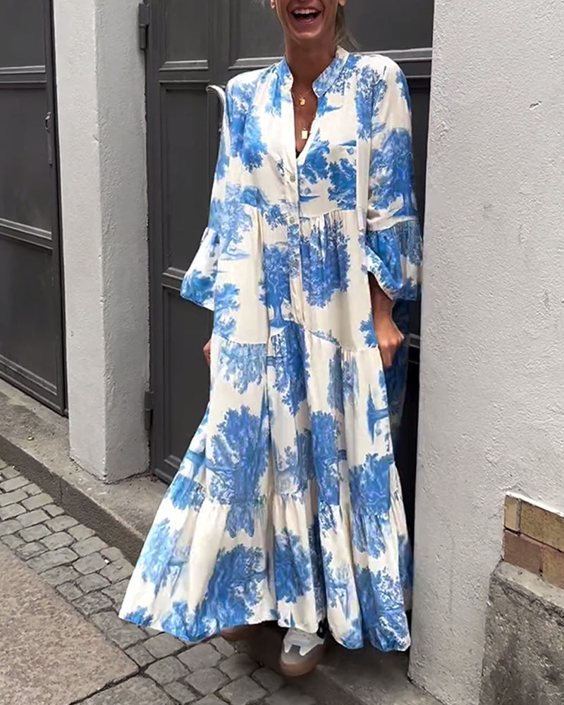 Taniyah - Casual Flared Sleeve Long Printed Dress