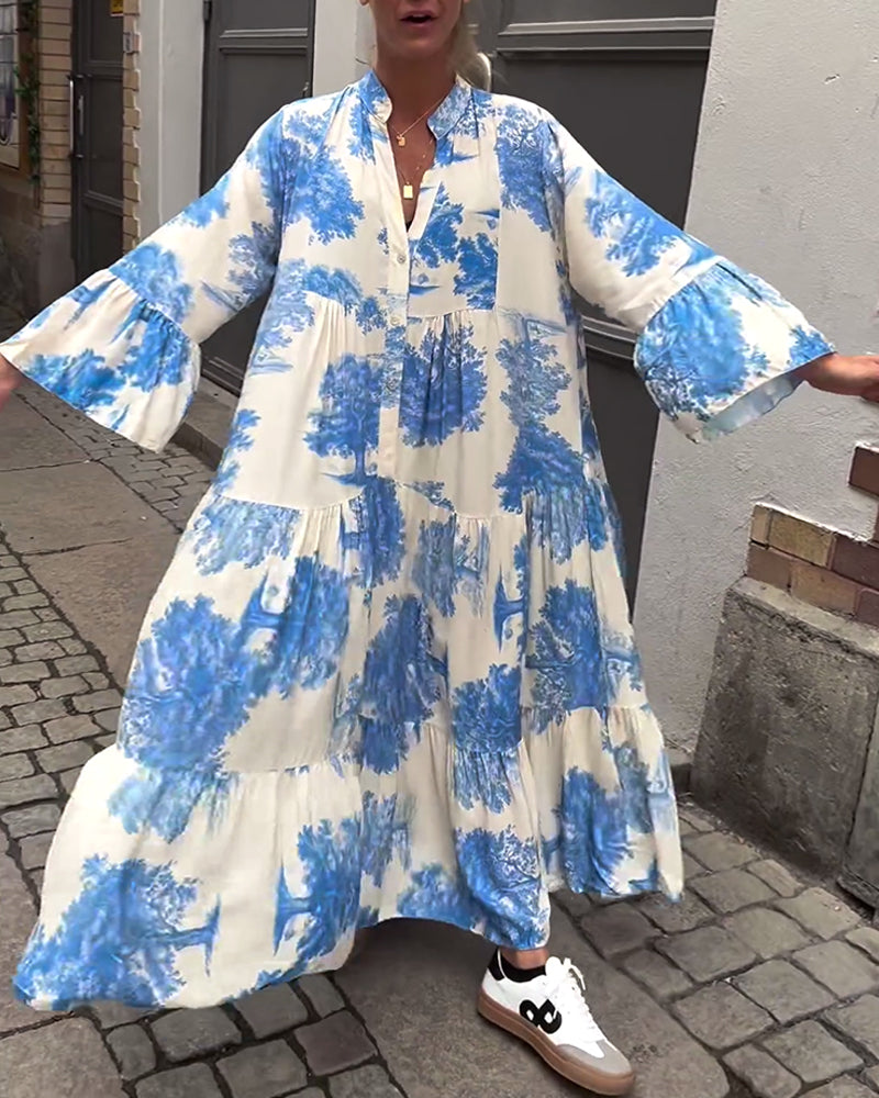 Taniyah - Casual Flared Sleeve Long Printed Dress
