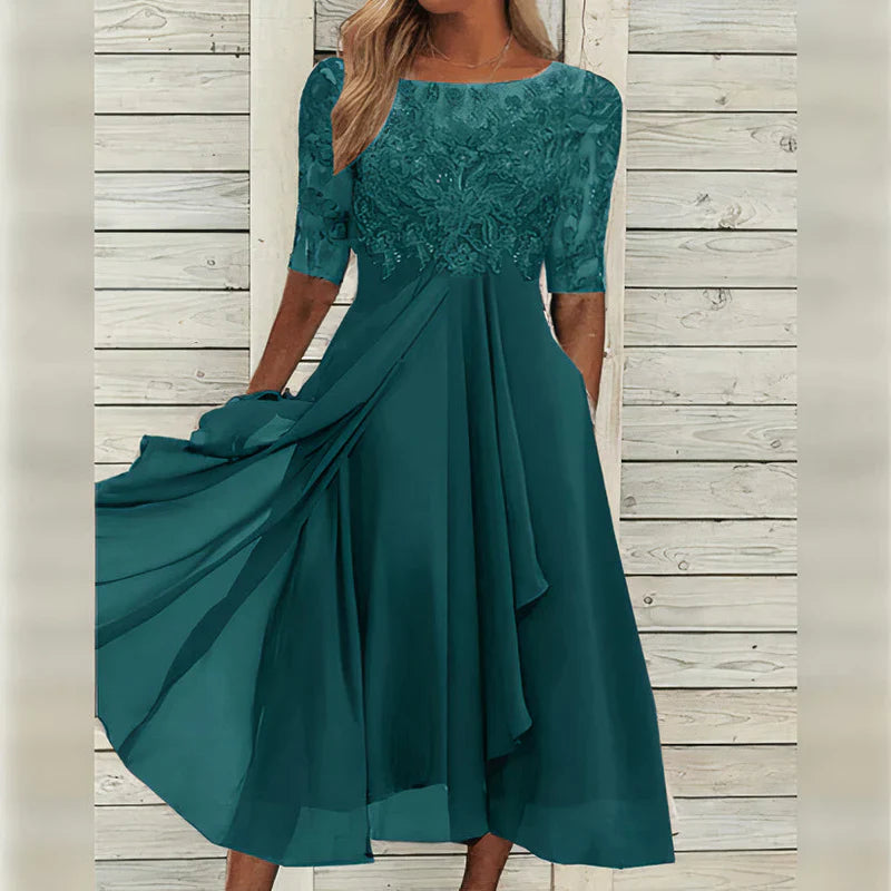 Meredith - Tea-Length Lace Embroidered Dress