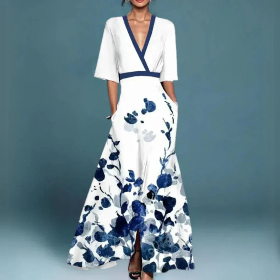 Annie - Belted V-Neck Floral Maxi Dress