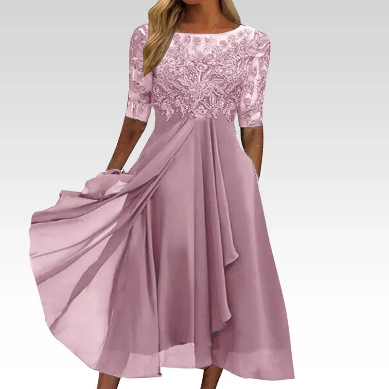 Meredith - Tea-Length Lace Embroidered Dress