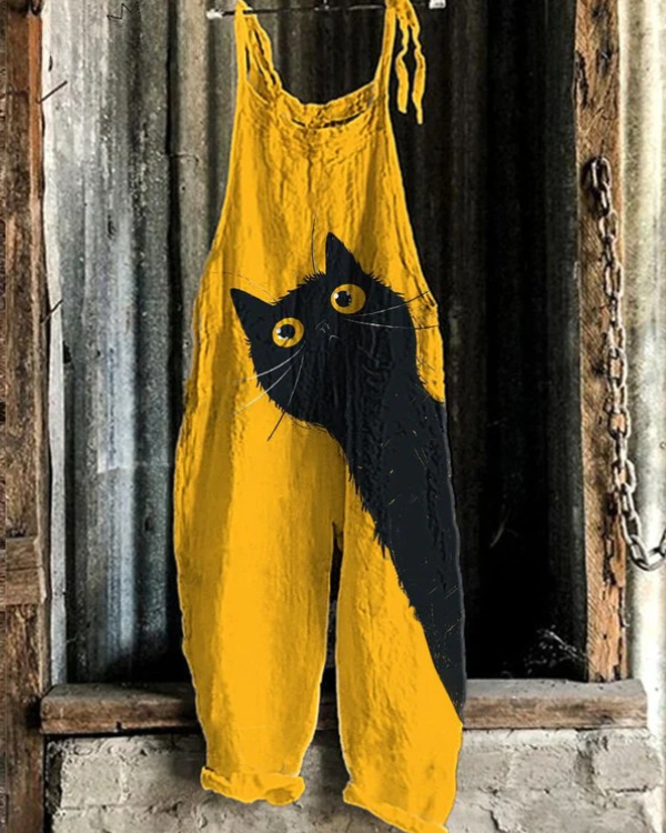 Solea - Lightweight yellow jumpsuit with black cat