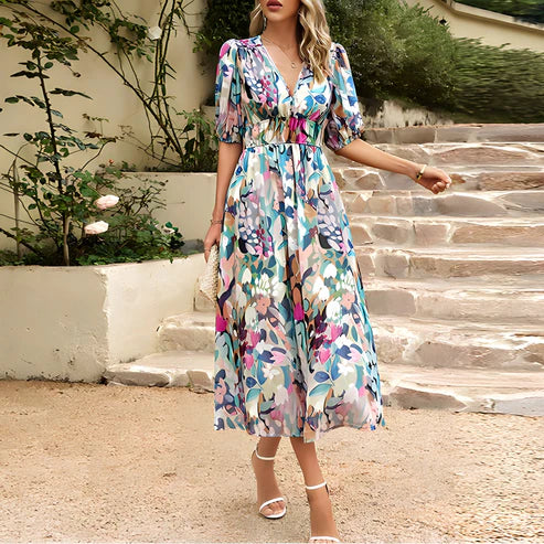 Cassidy - Vintage Glam Lantern Sleeve Midi Dress