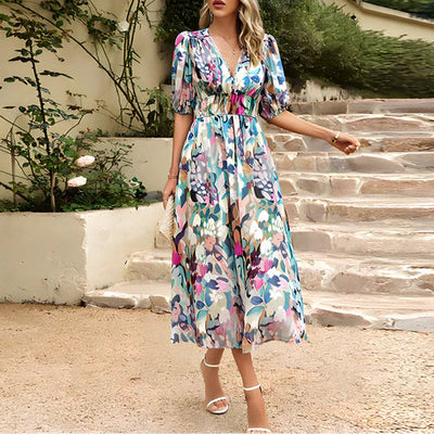 Cassidy - Vintage Glam Lantern Sleeve Midi Dress