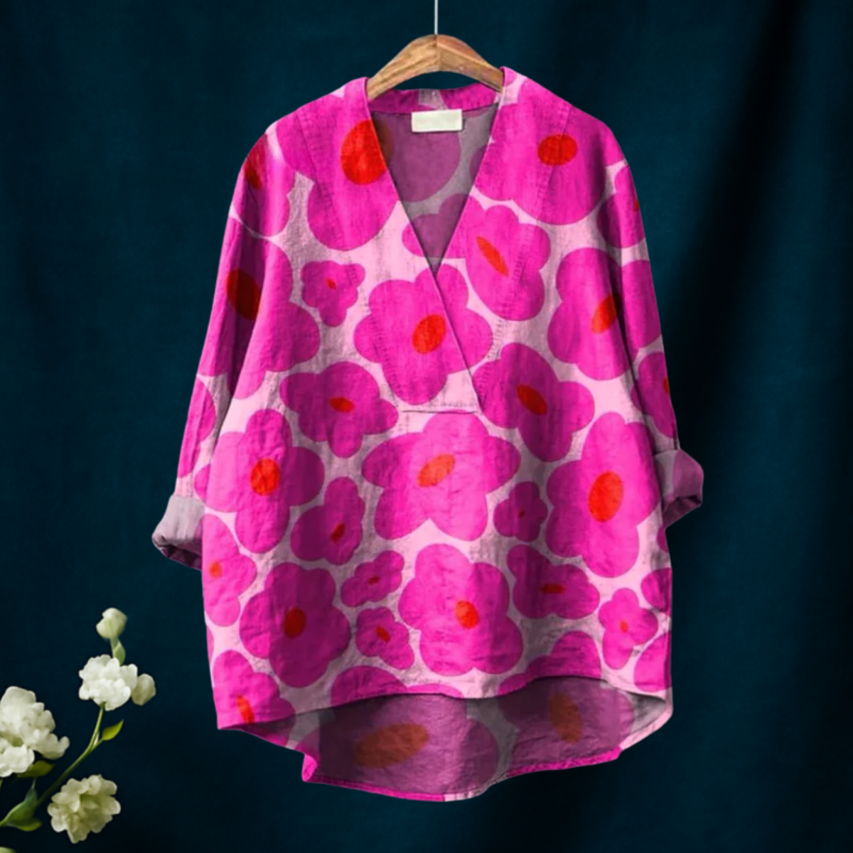 Vibrant Pink Floral Pattern Printed Women's Casual  V-neck Shirt