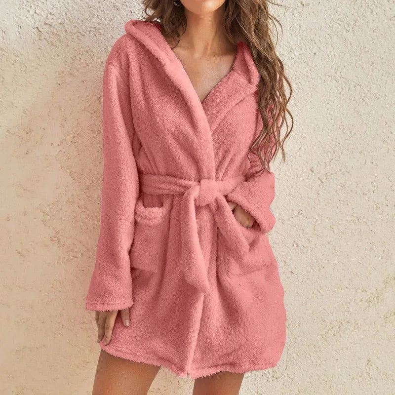 Women's fluffy hooded bathrobe