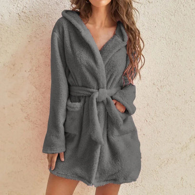 Women's fluffy hooded bathrobe