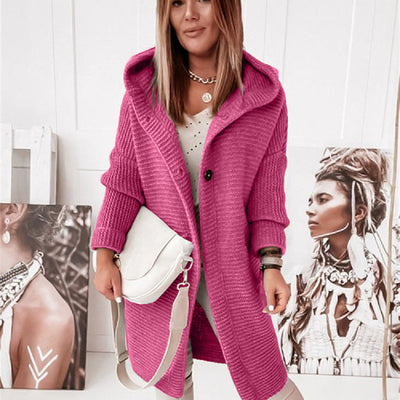 Knitted Hoodie Cardigan with Buttons - Warm Winter Long-Sleeve Sweater Coat