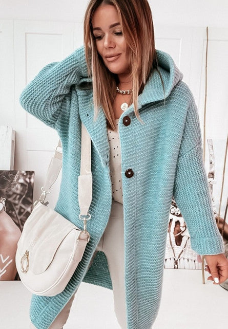 Knitted Hoodie Cardigan with Buttons - Warm Winter Long-Sleeve Sweater Coat