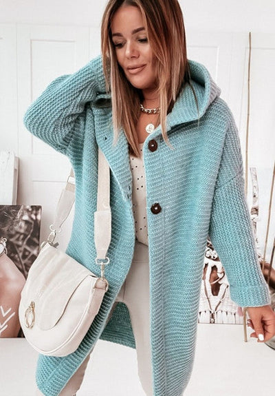 Knitted Hoodie Cardigan with Buttons - Warm Winter Long-Sleeve Sweater Coat