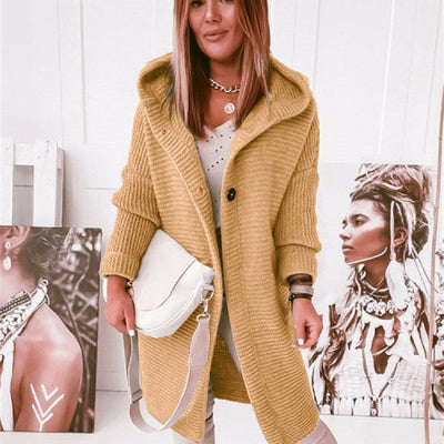Knitted Hoodie Cardigan with Buttons - Warm Winter Long-Sleeve Sweater Coat
