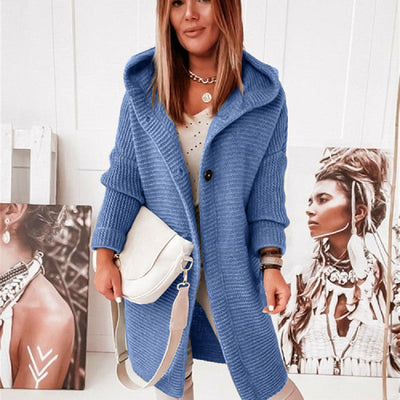 Knitted Hoodie Cardigan with Buttons - Warm Winter Long-Sleeve Sweater Coat
